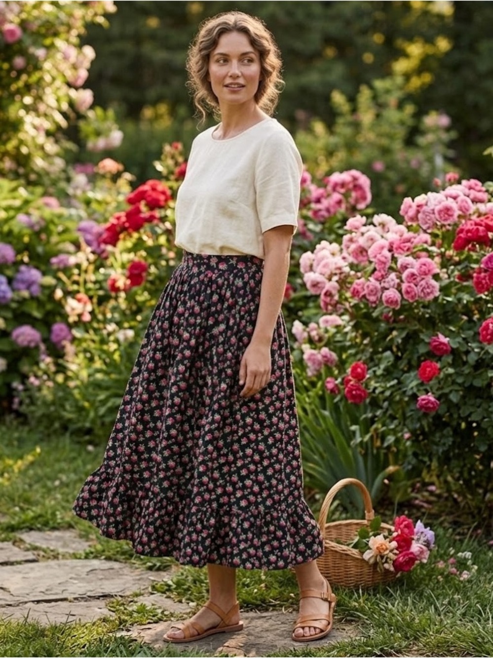 American Vintage Floral Skirt, Black with Pink Rose Print, Size Medium, Maxi